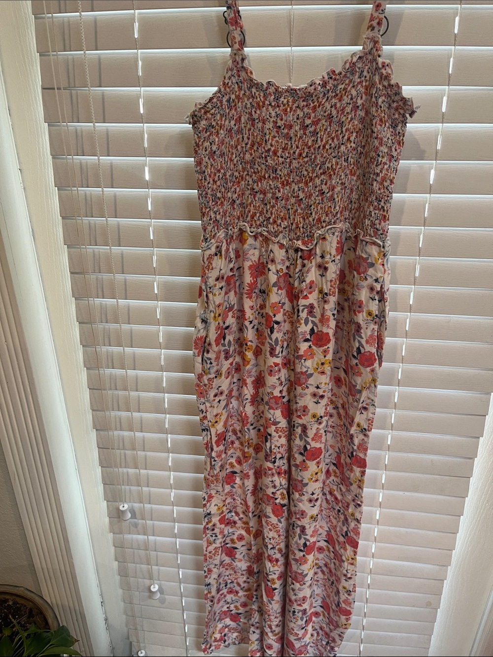 Smocked Floral Maxi Dress in Cream with Pink & Yellow Blooms